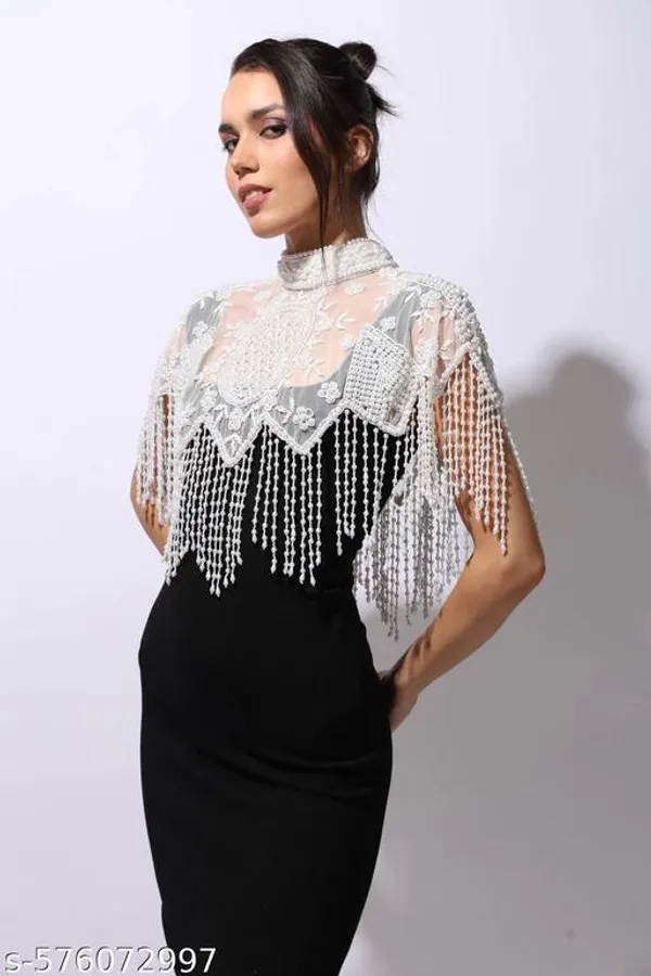 White_Elegant_Designer_Net_Pearl_Beaded_Poncho_Shrug_For_Women