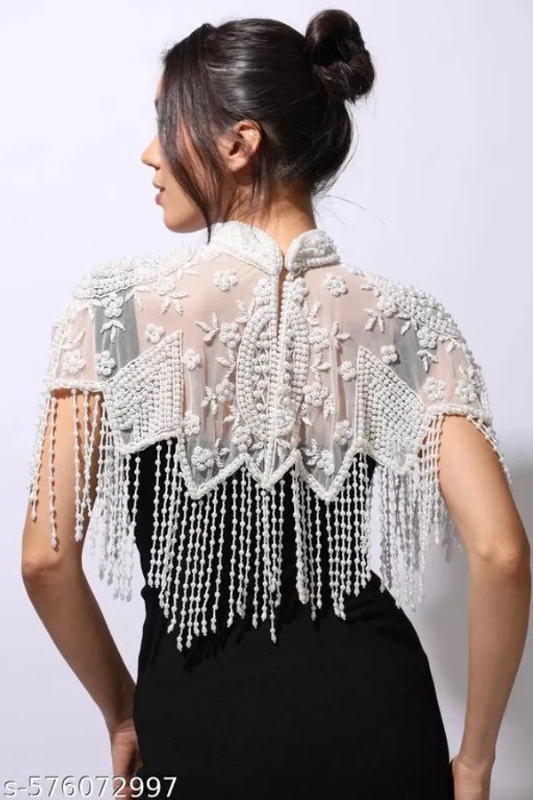 White_Elegant_Designer_Net_Pearl_Beaded_Poncho_Shrug_For_Women