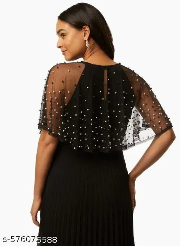 Black_Stylish_Western_Overlay_Net_Pearl_Embellished_Poncho_For_Women