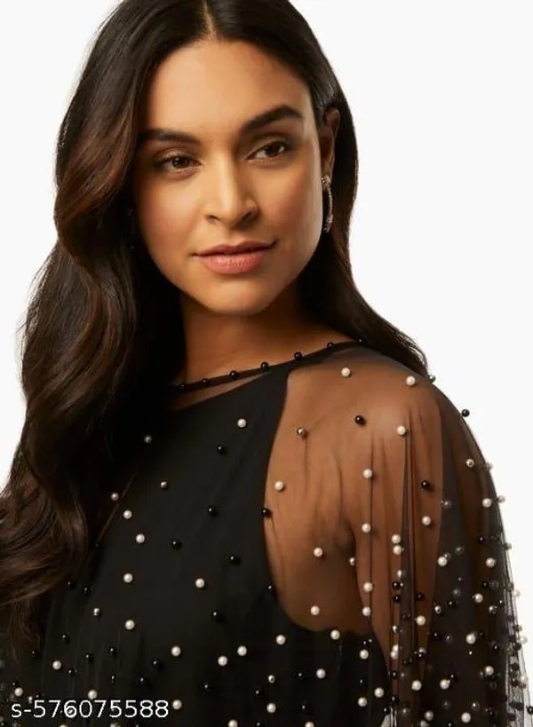 Black_Stylish_Western_Overlay_Net_Pearl_Embellished_Poncho_For_Women