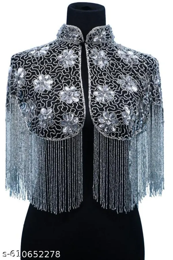 Black_Elegant_Silver_Beaded_Cape_Poncho_Shrug_Party_Wear_Western_Jacket_Style_For_Women