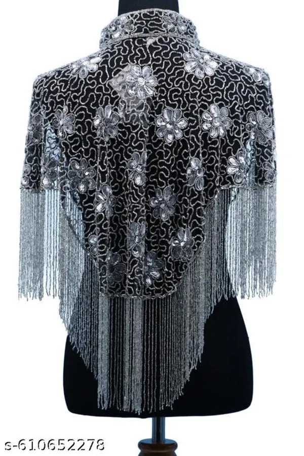Black_Elegant_Silver_Beaded_Cape_Poncho_Shrug_Party_Wear_Western_Jacket_Style_For_Women