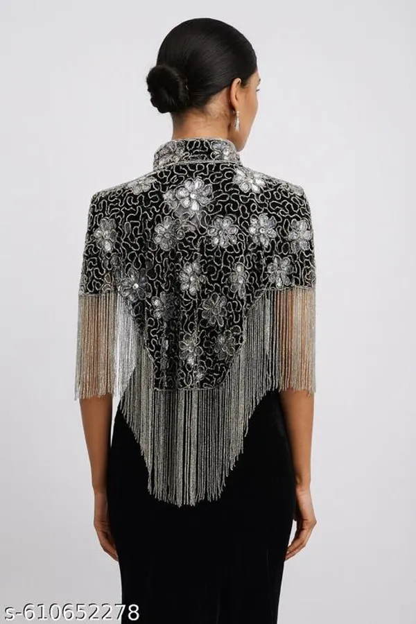 Black_Elegant_Silver_Beaded_Cape_Poncho_Shrug_Party_Wear_Western_Jacket_Style_For_Women