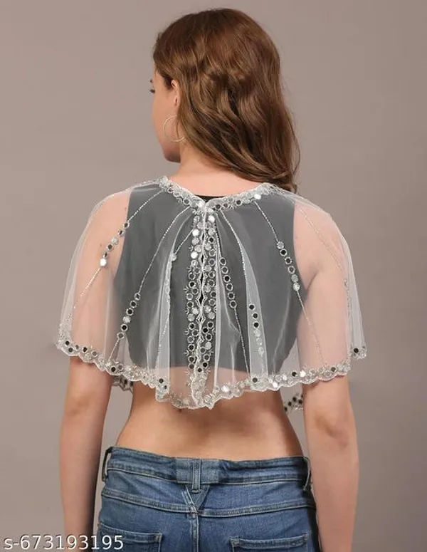 White_Net_Mirror_&_Coddana_Beads_Handwork_Crop_Cape_Poncho_Shrug_For_Women
