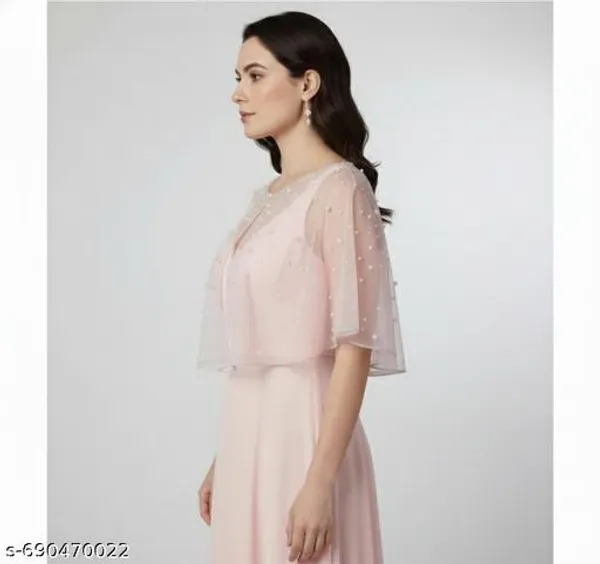 Peach_Elegant_Sheer_Mesh_Pearl_Beaded_Cape_Poncho_Let_Festive_Party_Wear_Shrug_For_Women