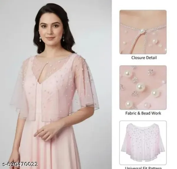 Peach_Elegant_Sheer_Mesh_Pearl_Beaded_Cape_Poncho_Let_Festive_Party_Wear_Shrug_For_Women