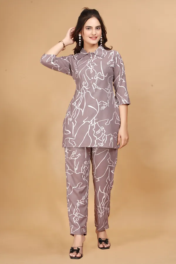 Grey_Long_Printed_Polyester_3/4_Sleeve_Shirt_Collar_Co-Ords_For_Women