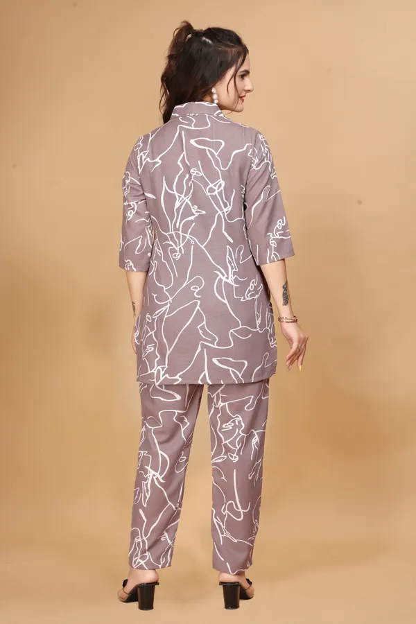 Grey_Long_Printed_Polyester_3/4_Sleeve_Shirt_Collar_Co-Ords_For_Women