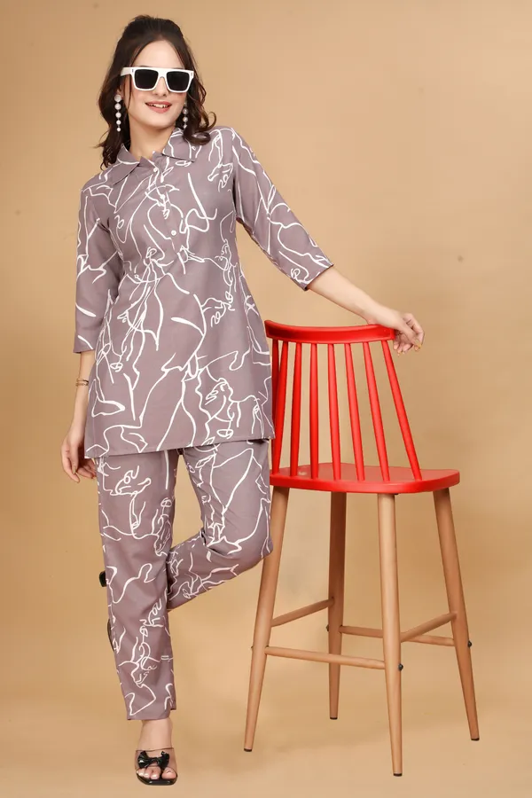 Grey_Long_Printed_Polyester_3/4_Sleeve_Shirt_Collar_Co-Ords_For_Women