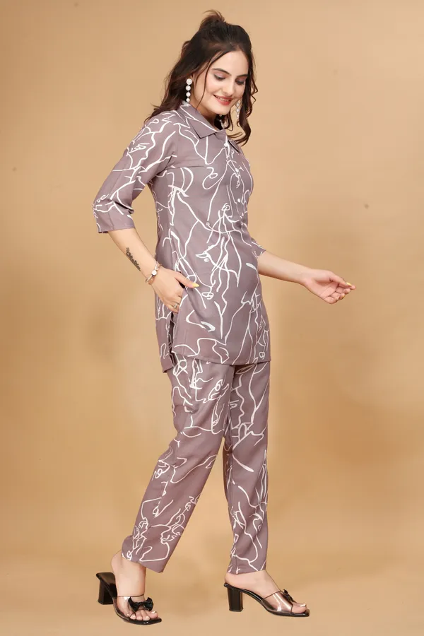 Grey_Long_Printed_Polyester_3/4_Sleeve_Shirt_Collar_Co-Ords_For_Women