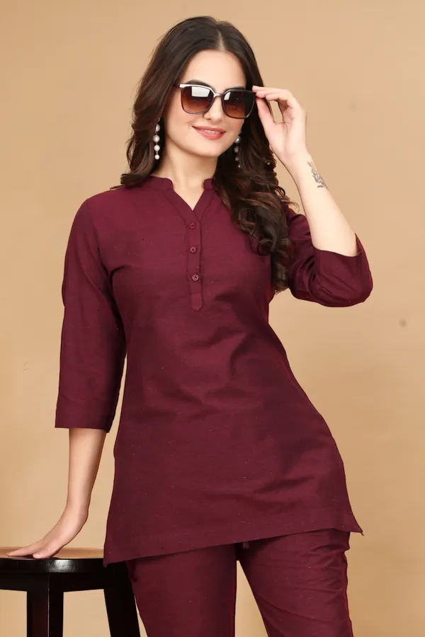 Maroon_Cotton_3/4_Sleeve_Short_Kurti_Top_For_Women_Only_TOP_no_Bottom