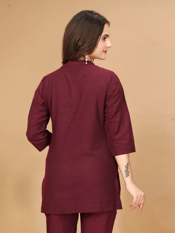 Maroon_Cotton_3/4_Sleeve_Short_Kurti_Top_For_Women_Only_TOP_no_Bottom