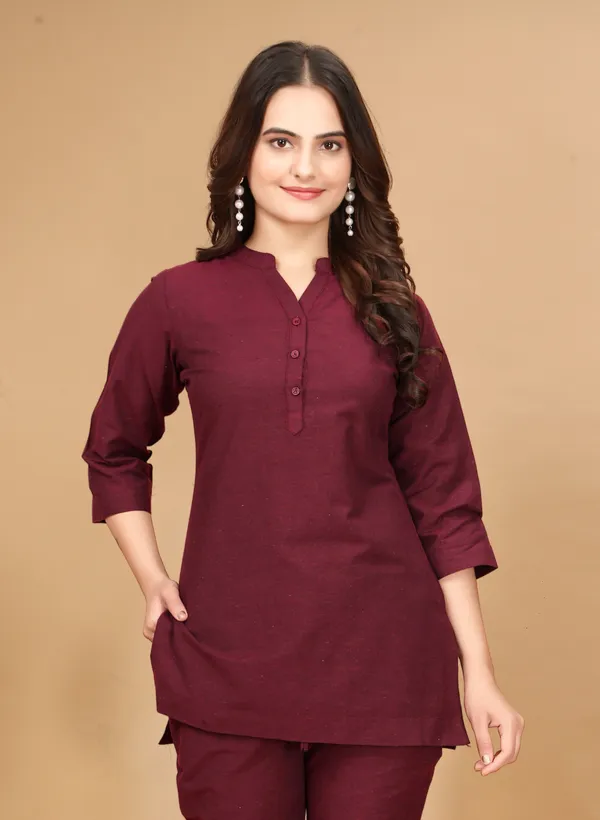 Maroon_Cotton_3/4_Sleeve_Short_Kurti_Top_For_Women_Only_TOP_no_Bottom