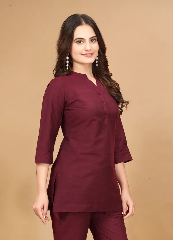 Maroon_Cotton_3/4_Sleeve_Short_Kurti_Top_For_Women_Only_TOP_no_Bottom