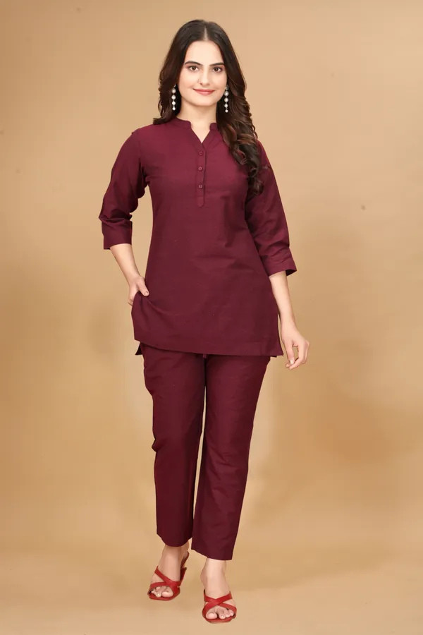 Maroon_Solid_Cotton_3/4_Sleeve_Co-Ords_For_Women