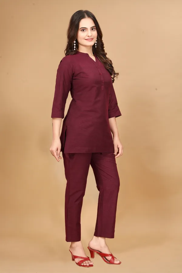 Maroon_Solid_Cotton_3/4_Sleeve_Co-Ords_For_Women