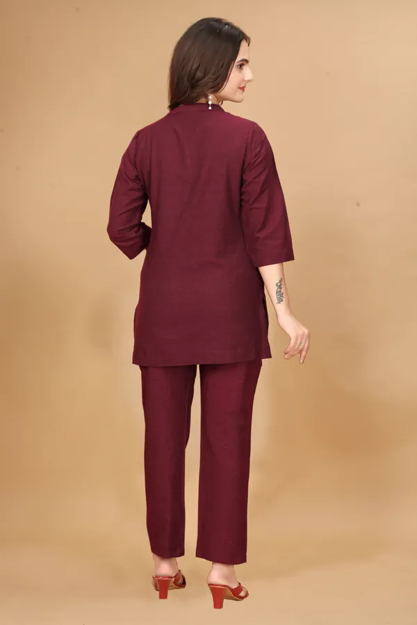 Maroon_Solid_Cotton_3/4_Sleeve_Co-Ords_For_Women