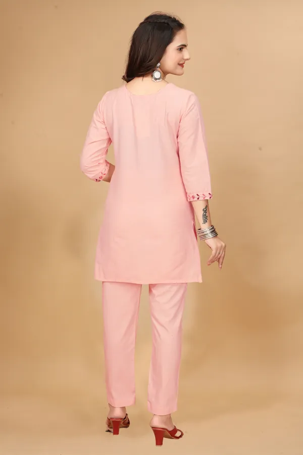 Peach_Cotton_Handwork_3/4_Sleeve_Round_Neck_Co-Ords_For_Women