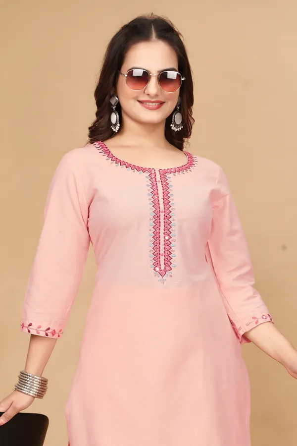 Peach_Cotton_Handwork_3/4_Sleeve_Round_Neck_Co-Ords_For_Women