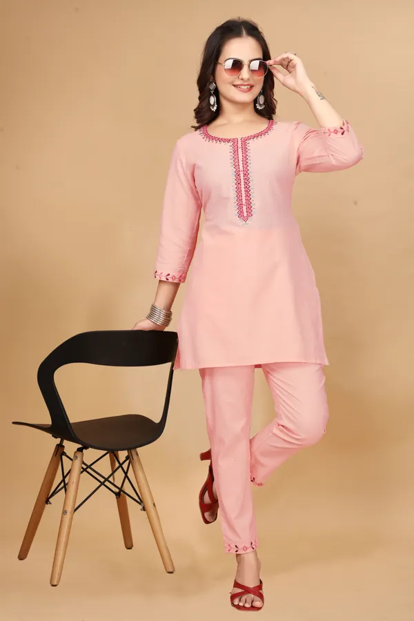 Peach_Cotton_Handwork_3/4_Sleeve_Round_Neck_Co-Ords_For_Women