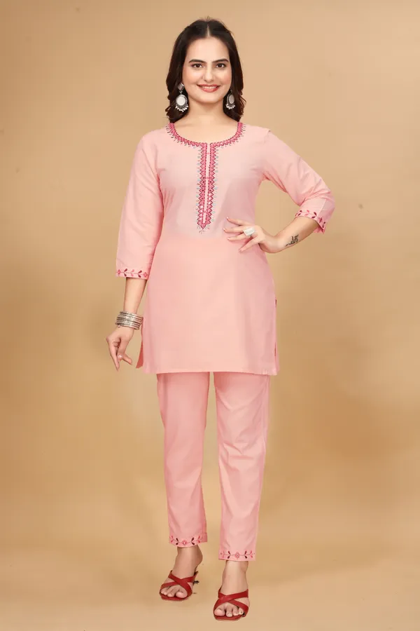 Peach_Cotton_Handwork_3/4_Sleeve_Round_Neck_Co-Ords_For_Women