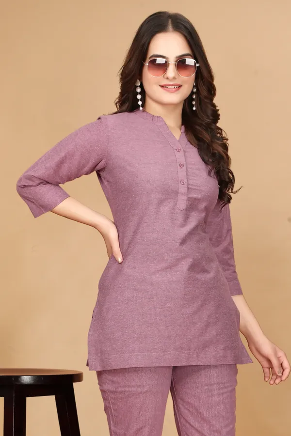Pink_Solid_Cotton_3/4_Sleeve_Co-Ords_For_Women