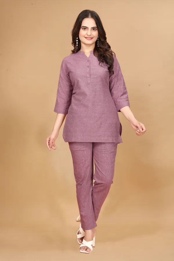 Pink_Solid_Cotton_3/4_Sleeve_Co-Ords_For_Women