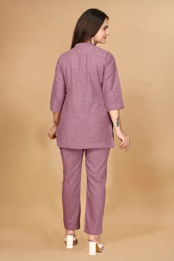 Pink_Solid_Cotton_3/4_Sleeve_Co-Ords_For_Women