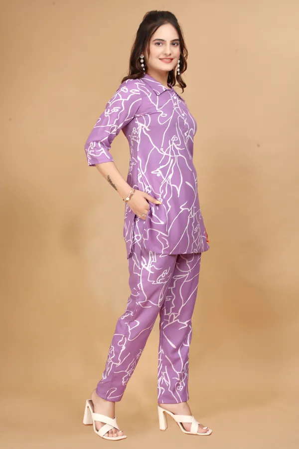 Purple_Long_Printed_Polyester_3/4_Sleeve_Shirt_Collar_Co-Ords_For_Women