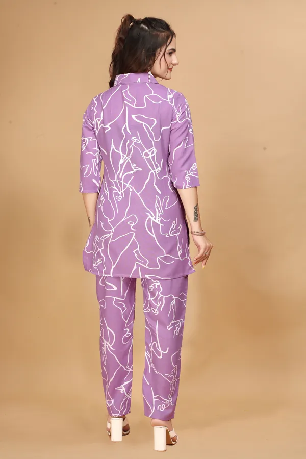 Purple_Long_Printed_Polyester_3/4_Sleeve_Shirt_Collar_Co-Ords_For_Women
