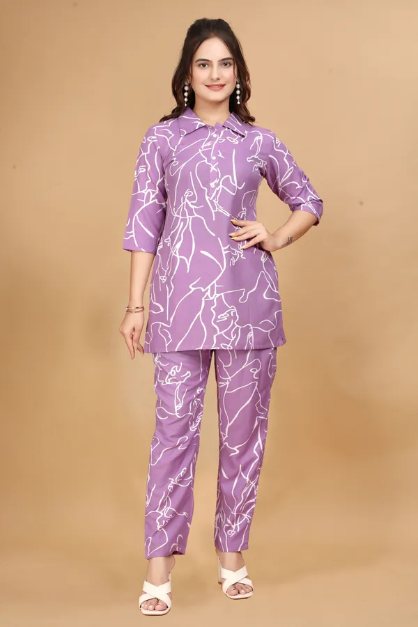 Purple_Long_Printed_Polyester_3/4_Sleeve_Shirt_Collar_Co-Ords_For_Women