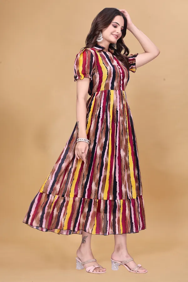 Women's_Georgette_Multicolor_Ikat_Print_Midi_Dress_|_A-Line_Indo-Western_One_Piece_with_Puff_Sleeves_|_Flared_Casual_and_Festive_Wear_Dress_for_Women