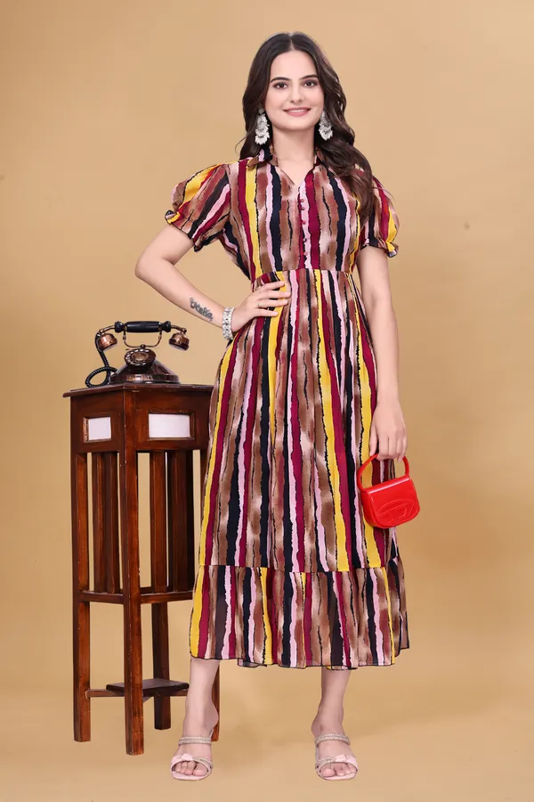 Women's_Georgette_Multicolor_Ikat_Print_Midi_Dress_|_A-Line_Indo-Western_One_Piece_with_Puff_Sleeves_|_Flared_Casual_and_Festive_Wear_Dress_for_Women
