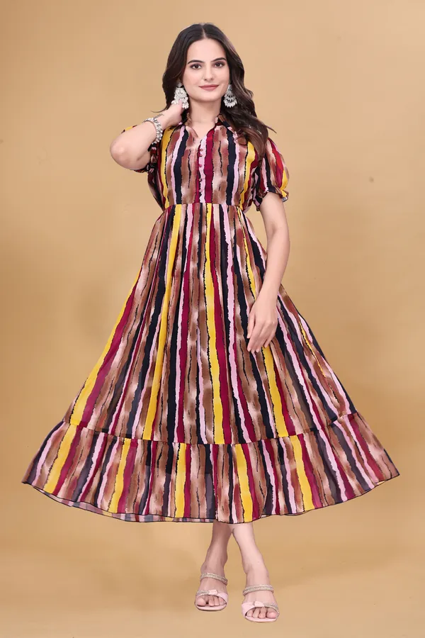 Women's_Georgette_Multicolor_Ikat_Print_Midi_Dress_|_A-Line_Indo-Western_One_Piece_with_Puff_Sleeves_|_Flared_Casual_and_Festive_Wear_Dress_for_Women