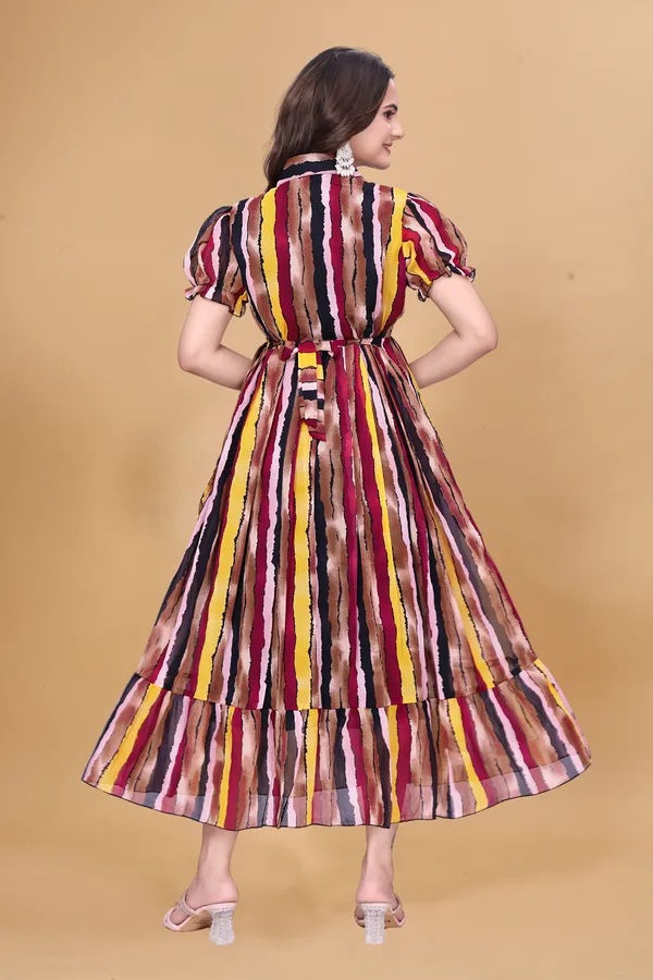 Women's_Georgette_Multicolor_Ikat_Print_Midi_Dress_|_A-Line_Indo-Western_One_Piece_with_Puff_Sleeves_|_Flared_Casual_and_Festive_Wear_Dress_for_Women