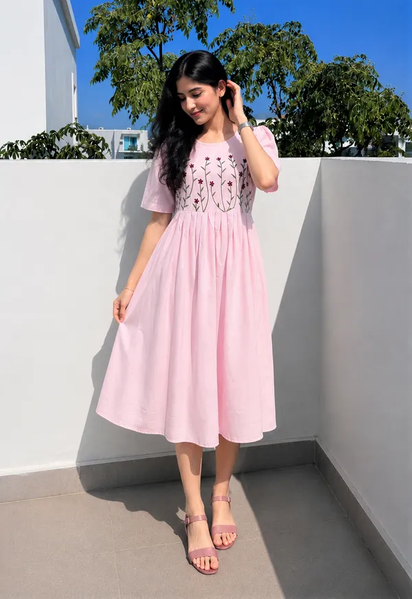 Women’s_Pink__Cotton_Floral_Thread_Embroidered_Knee-Length_Dress