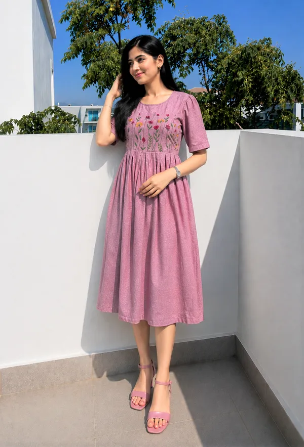 Women’s_Pink__Cotton_Floral_Thread_Embroidered_Knee-Length_Dress