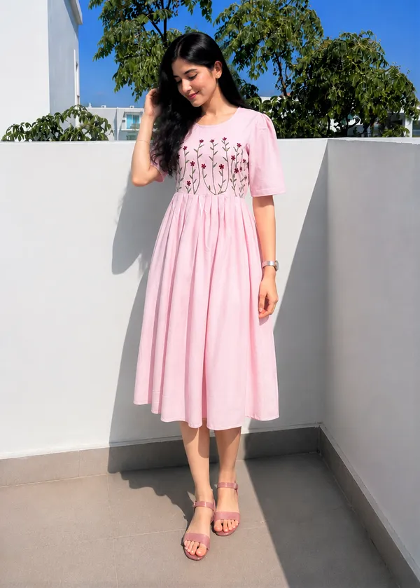 Women’s_Pink__Cotton_Floral_Thread_Embroidered_Knee-Length_Dress