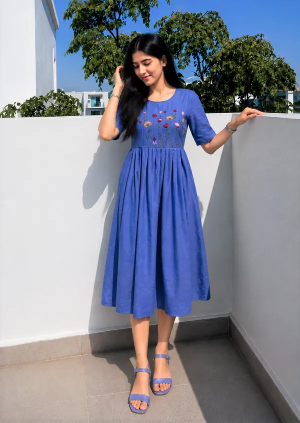 Women’s_blue_Cotton_Floral_Thread_Embroidered_Knee-Length_Dress