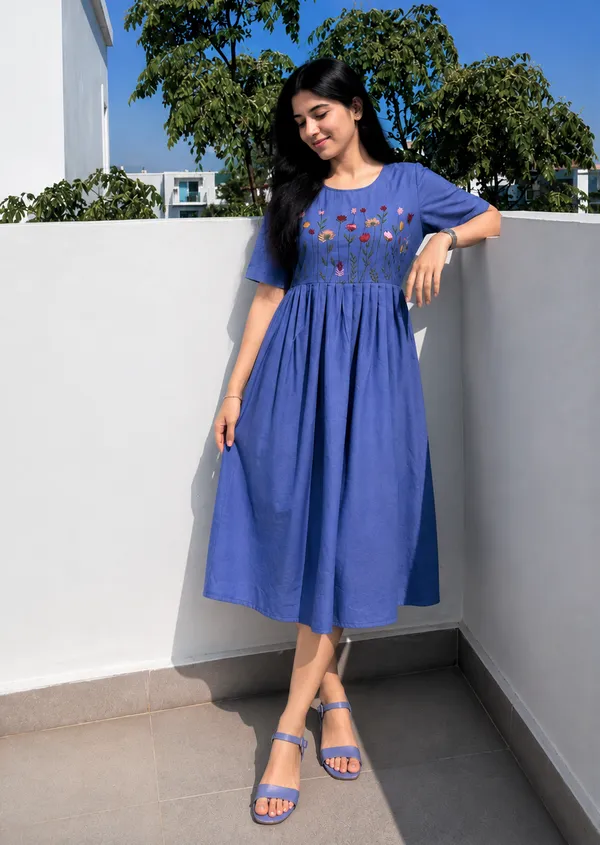 Women’s_blue_Cotton_Floral_Thread_Embroidered_Knee-Length_Dress