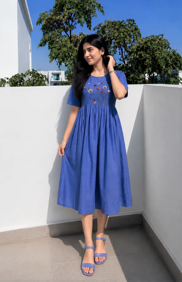 Women’s_blue_Cotton_Floral_Thread_Embroidered_Knee-Length_Dress