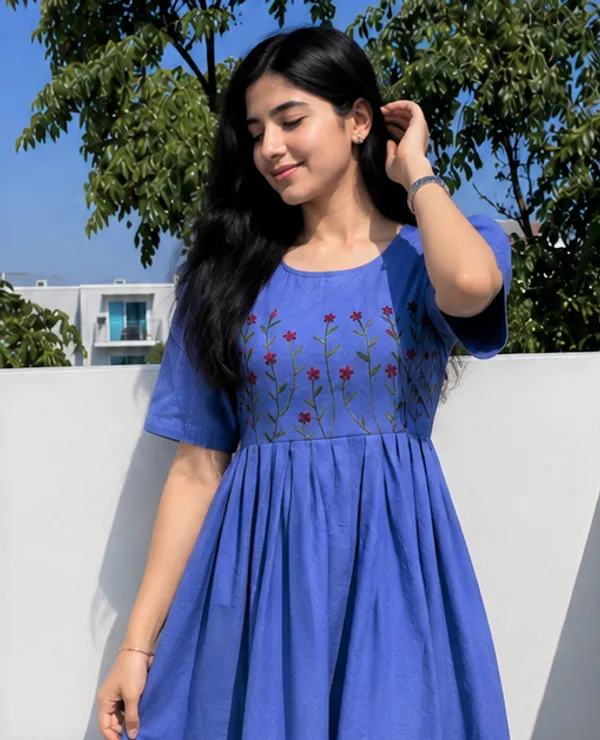 Women’s_blue__Cotton_Floral_Thread_Embroidered_Knee-Length_Dress
