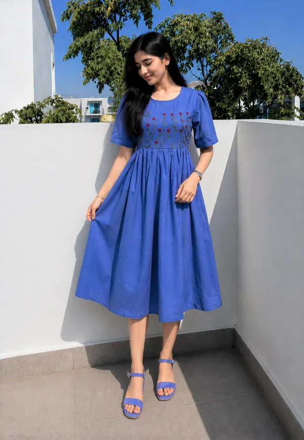 Women’s_blue__Cotton_Floral_Thread_Embroidered_Knee-Length_Dress