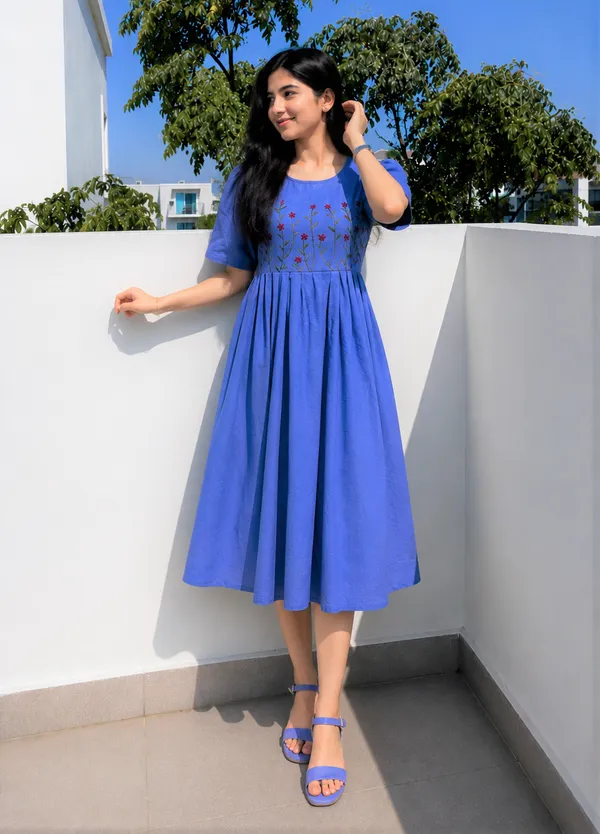 Women’s_blue__Cotton_Floral_Thread_Embroidered_Knee-Length_Dress
