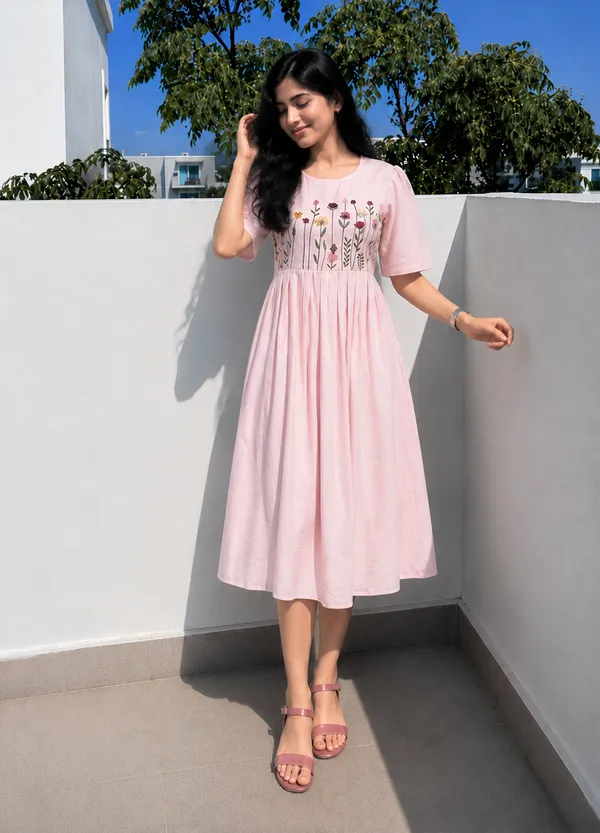 Women’s_pink__Cotton_Floral_Thread_Embroidered_Knee-Length_Dress