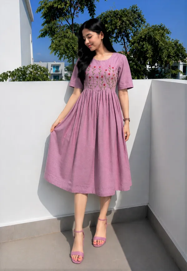 Women’s_pink__Cotton_Floral_Thread_Embroidered_Knee-Length_Dress