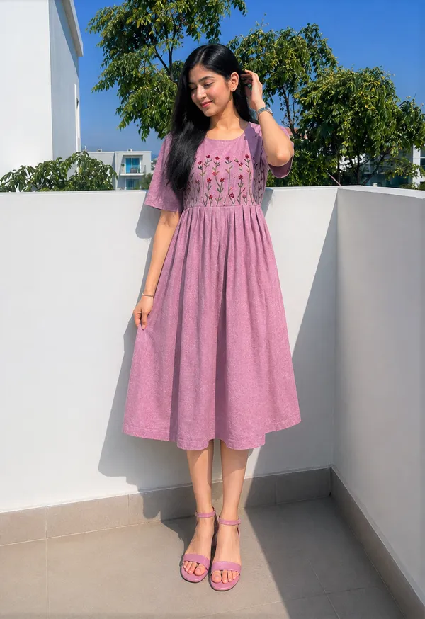 Women’s_pink__Cotton_Floral_Thread_Embroidered_Knee-Length_Dress
