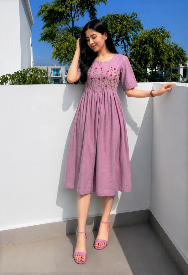 Women’s_pink__Cotton_Floral_Thread_Embroidered_Knee-Length_Dress