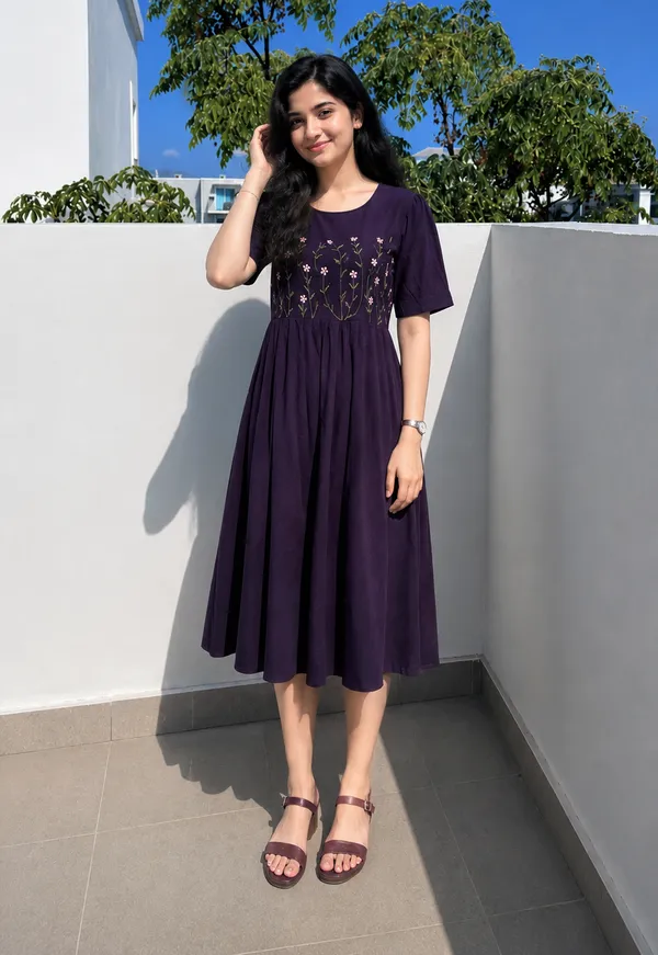 Women’s_pink__Cotton_Floral_Thread_Embroidered_Knee-Length_Dress