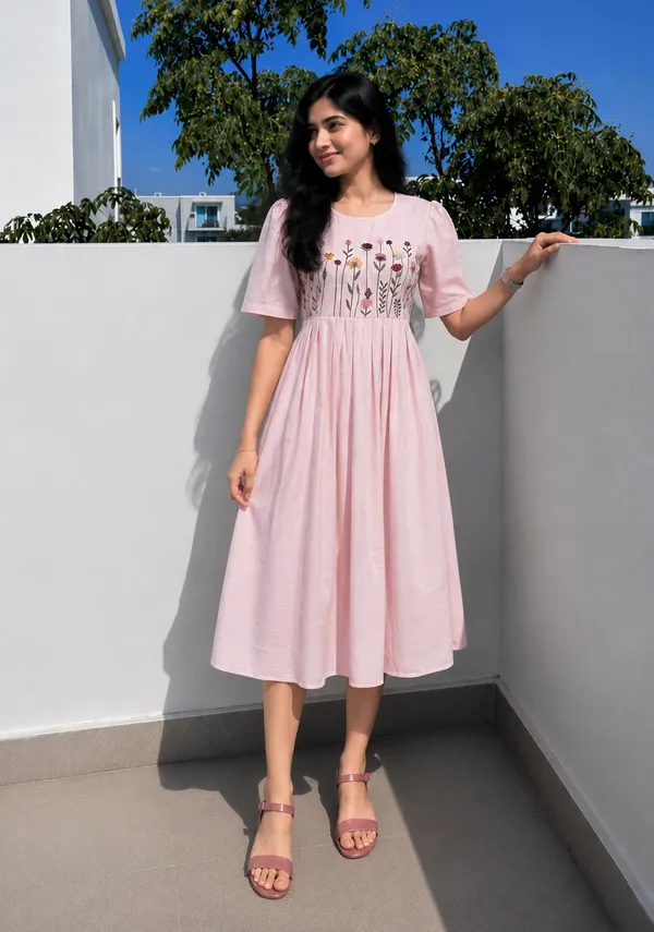 Women’s_pink__Cotton_Floral_Thread_Embroidered_Knee-Length_Dress